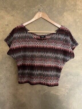 Vintage Y2K Ripe Space Dye Ripple Pattern Dolman Sleeve Cropped Tee Boho L